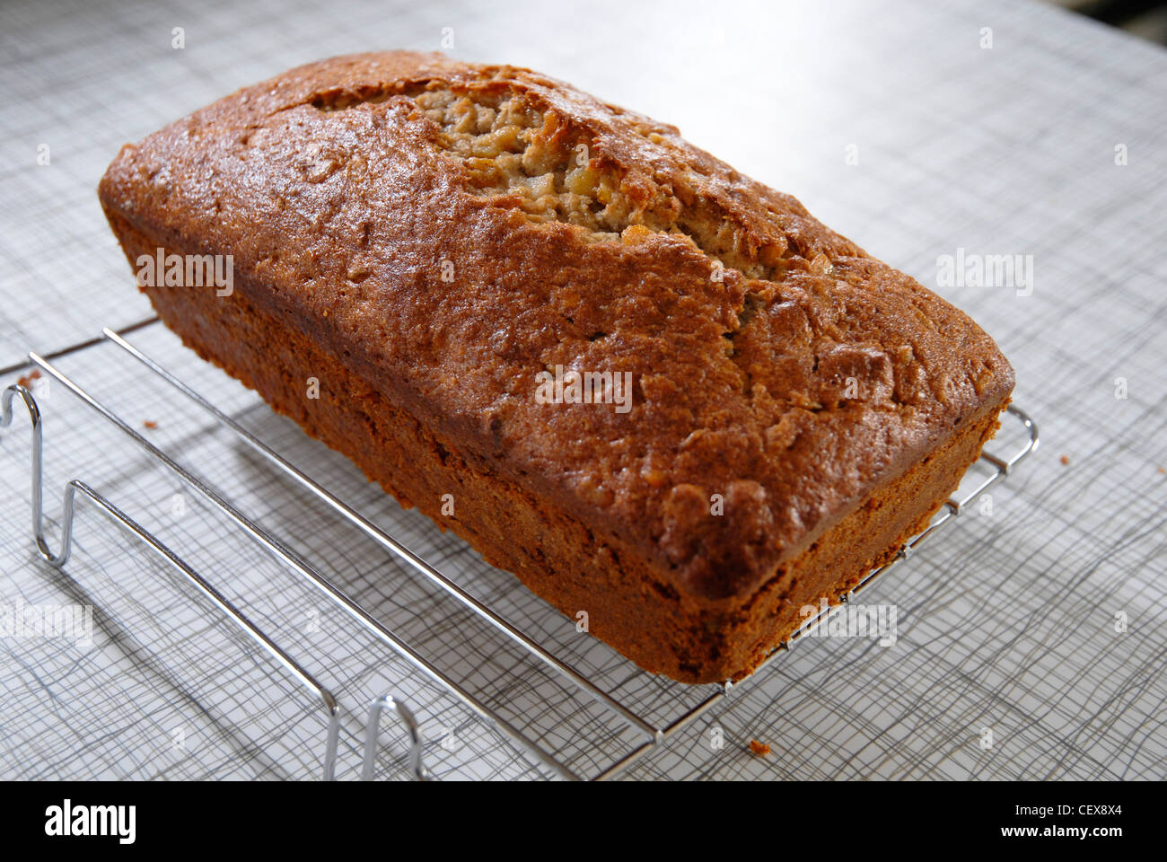 A freshly baked banana loaf cake. Stock Photo