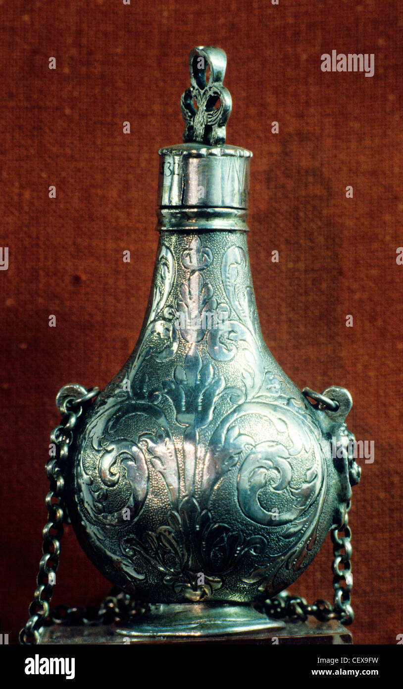 St. John's Gate Museum, Maltese silver flask, 1623 exhibit 17th century Clerkenwell England UK antique flasks Stock Photo