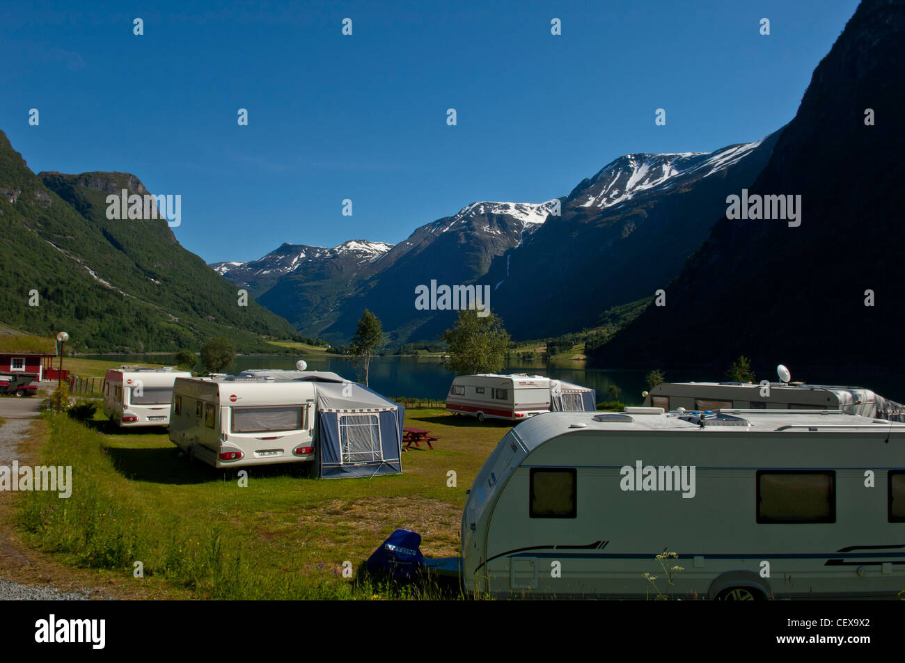 Gryta camping site by the Oldevatn lake. Nordfjord. Jostedalsbreen National Park. Norway. Stock Photo