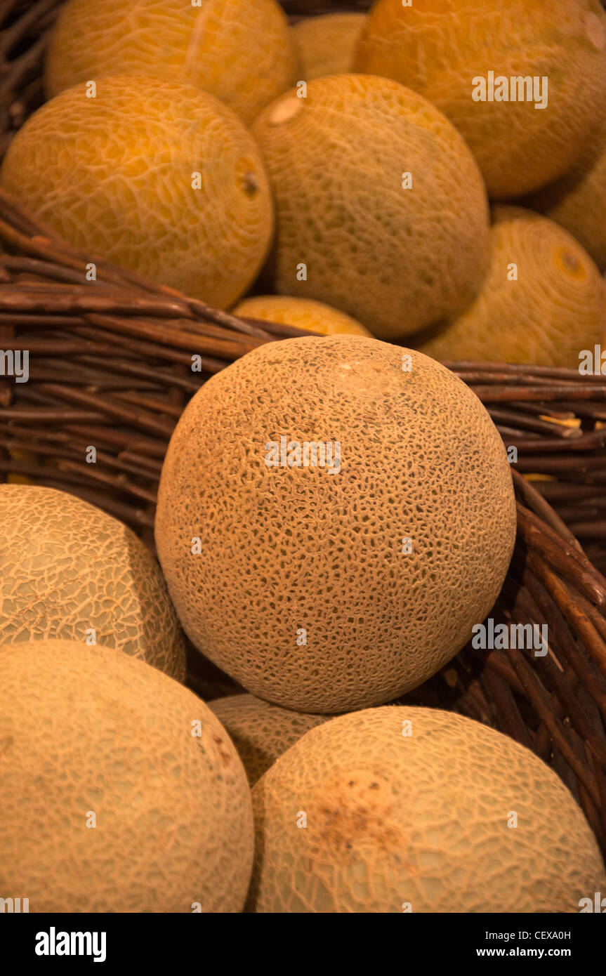 Cantaloupe Melons in baskets at local market. Stock Photo
