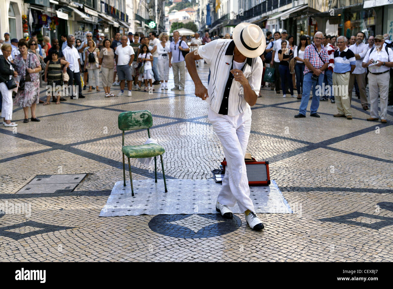 Street Performer on Rua Augusta Street, Lisbon, Portugal Stock Photo
