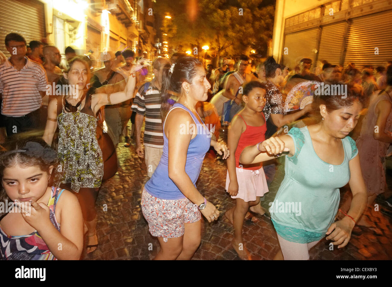 Night Street Dancing with drummers,, San Telmo, Buenos Aires, Argentina Stock Photo