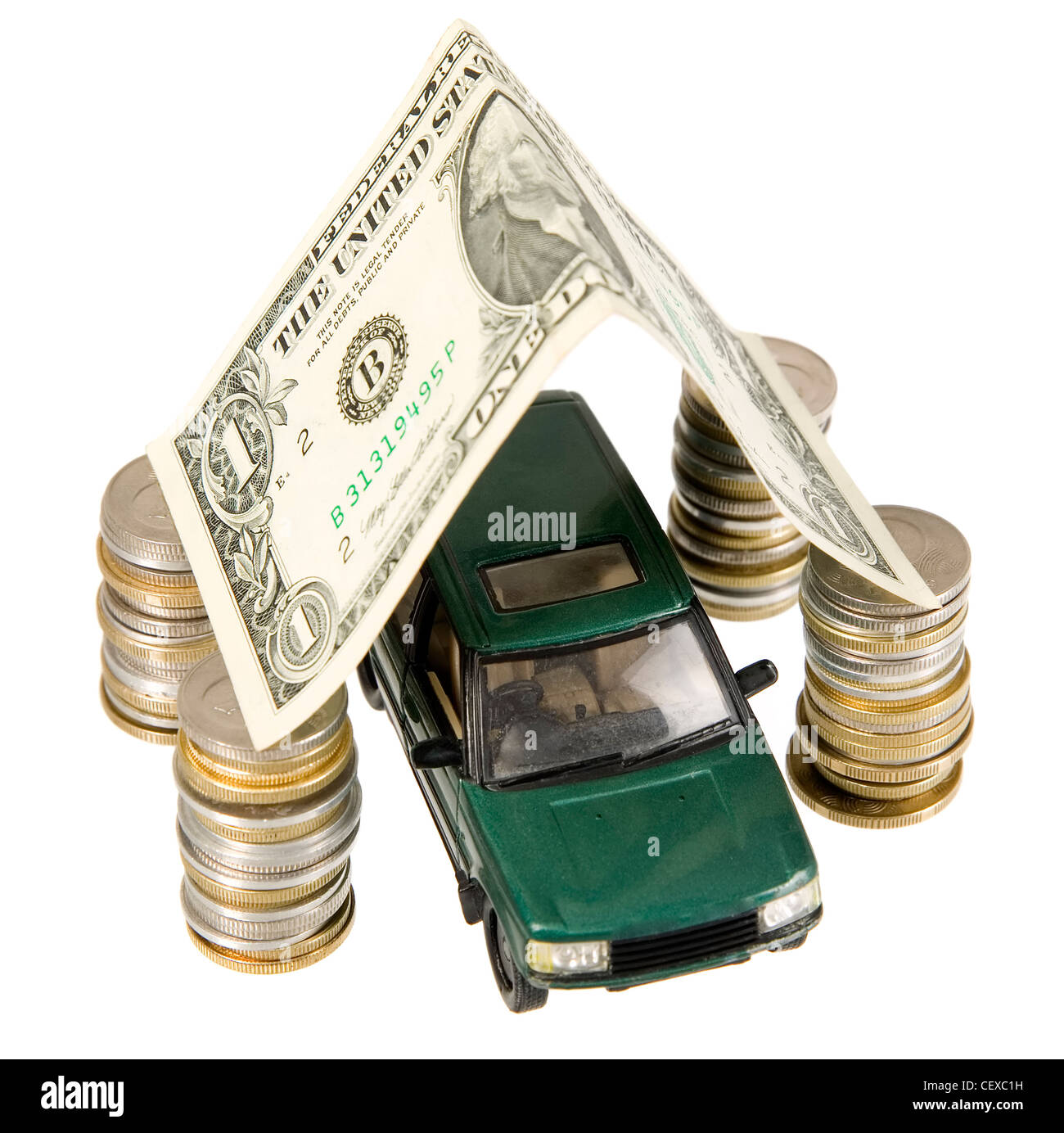 A old fashion car under coins ant banknotes garage Stock Photo