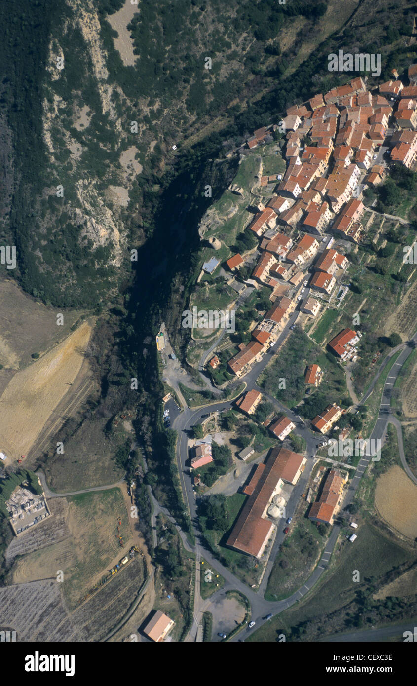 Cucugnan village, river and gorge, Eastern Pyrenees, Languedoc-Roussillon region, France Stock Photo