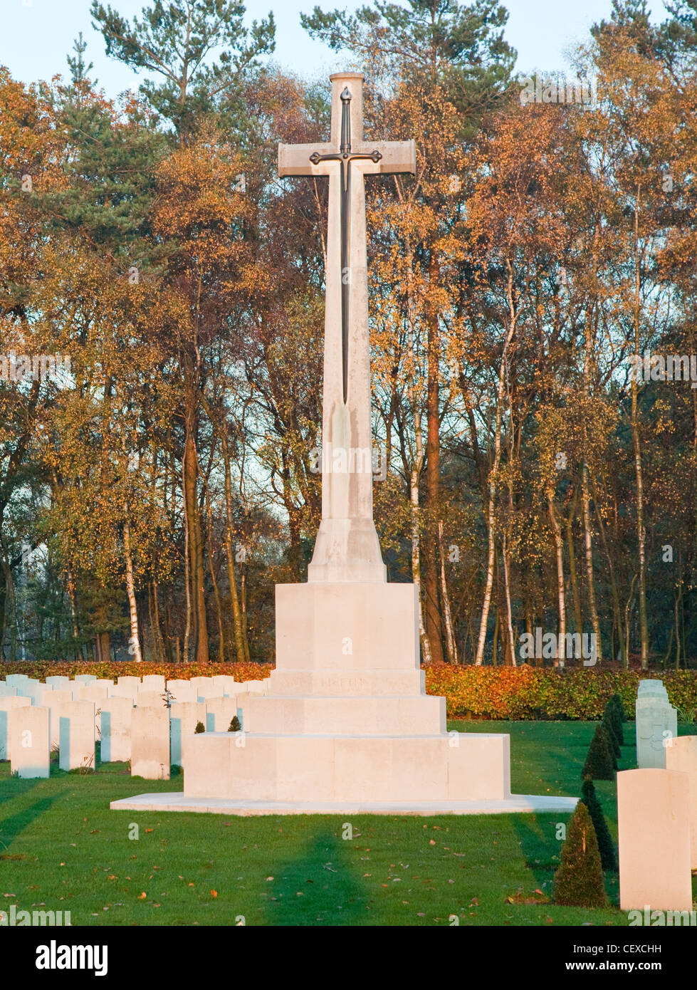 Commonwealth Military Cemetery, bathed in warm evening light, Cannock Chase Country Park AONB (area of natural beauty) Stock Photo