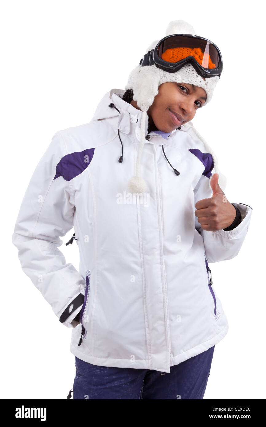 Young african woman in ski clothes making thumbs up, isolated on white
