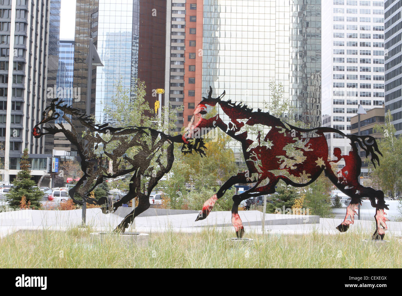 Sculpture of horses in downtown Calgary, Alberta, Canada Stock Photo