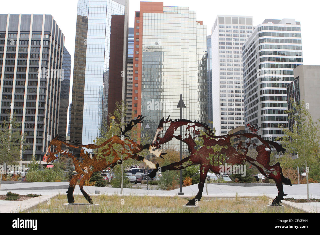 Sculpture of horses in downtown Calgary, Alberta, Canada Stock Photo