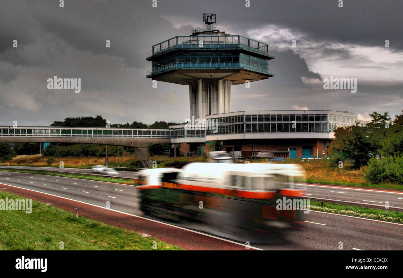 M6 Motorway, Lancaster Moto Services iconic Tower, Lancashire, England, UK Stock Photo