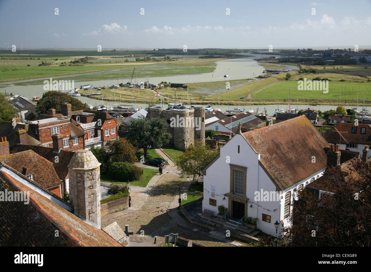 boats in the river rother and buildings along the shoreline; rye, sussex, england Stock Photo