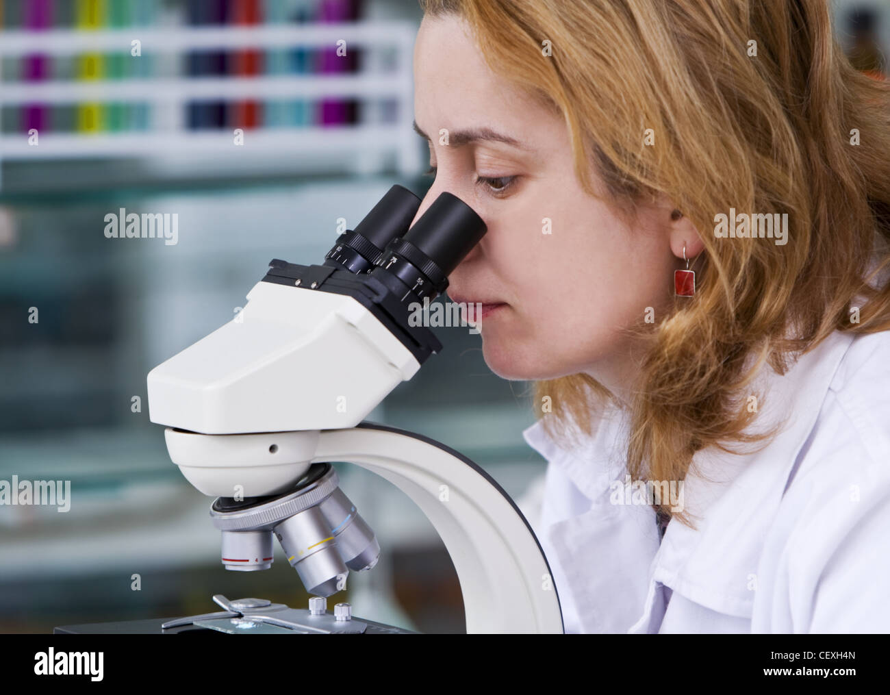 Female researcher looking through a microscope in a laboratory. Stock Photo