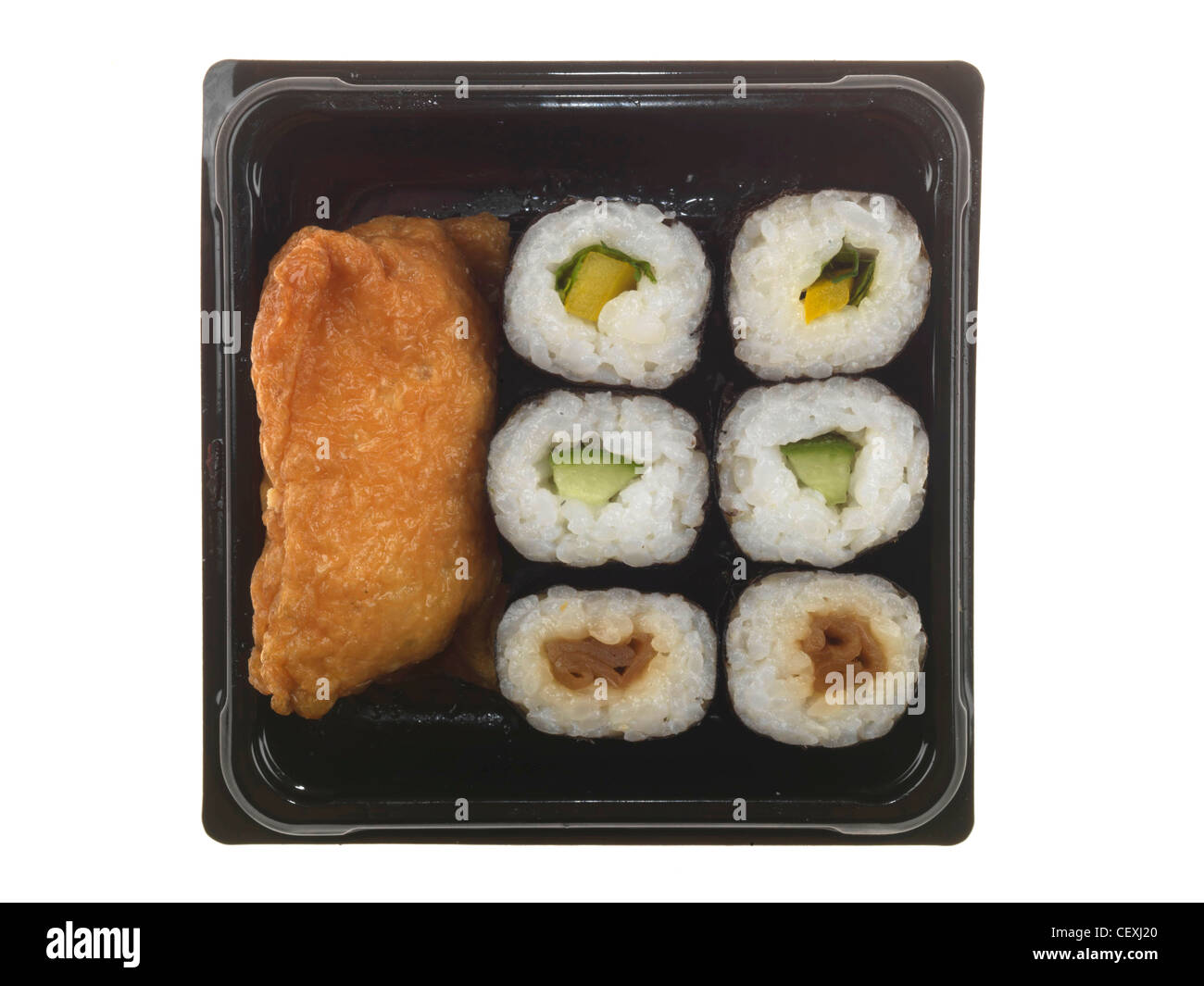 Box Of Fresh Japanese Style Sushi Snacks Isolated Against A White Background With A Clipping Path And No People Stock Photo