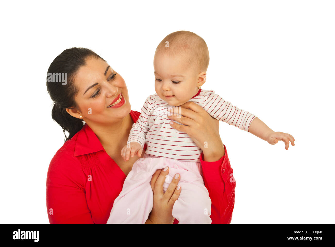 Happy mom playing with her baby girl isolated on white background Stock ...