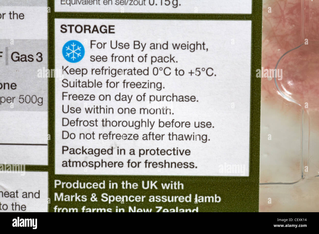 Storage instructions on back of Marks & Spencer assured lamb from farms in New Zealand Stock Photo