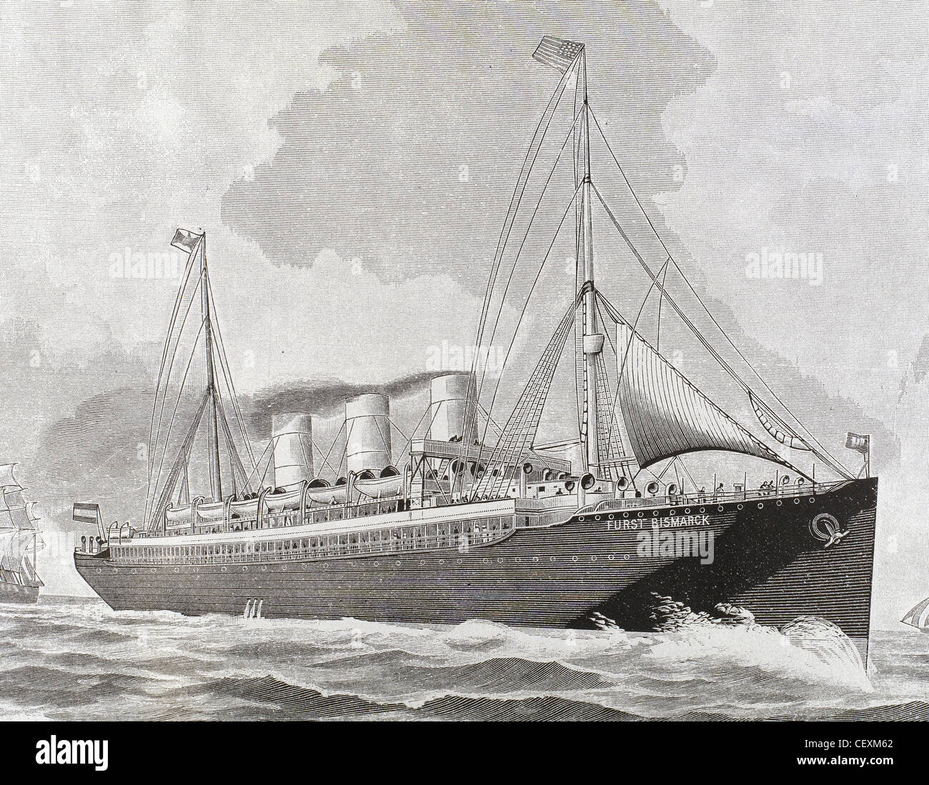 Steamboat Furst Bismarck. Engraving. 19th century. Stock Photo