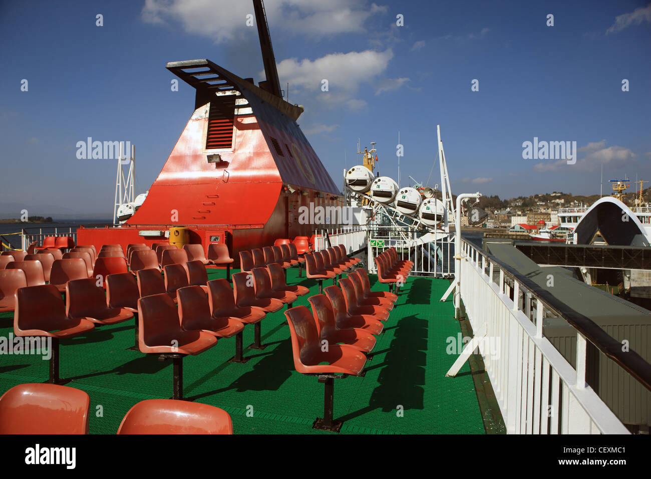 Top deck of the Calmac ferry MV Isle of Mull whilst docked in the Scottish town of Oban Stock Photo