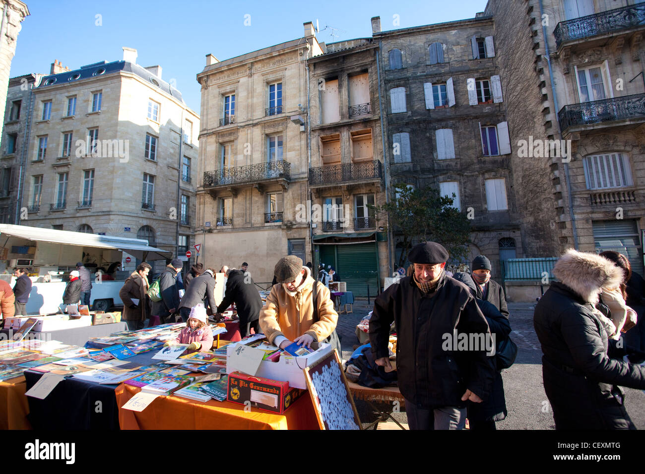 Place Duburg street market, set in the square at St Michel Basilica, Bordeaux, France Stock Photo