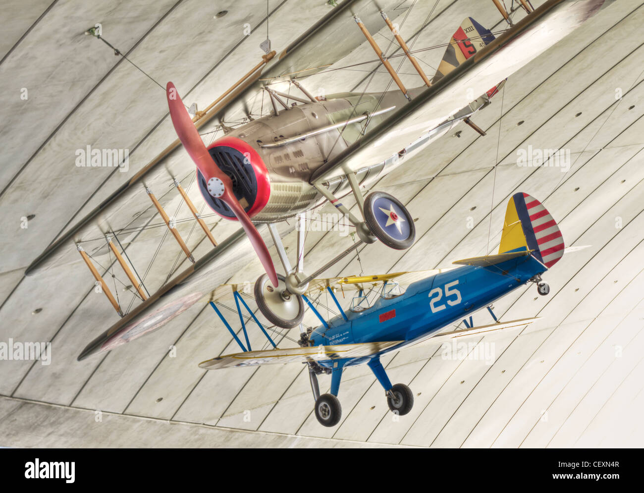 SPAD XIII and Stearman PT-17 Kaydet in the American Air Museum gallery at Imperial War Museum Duxford, Cambridgeshire, England Stock Photo
