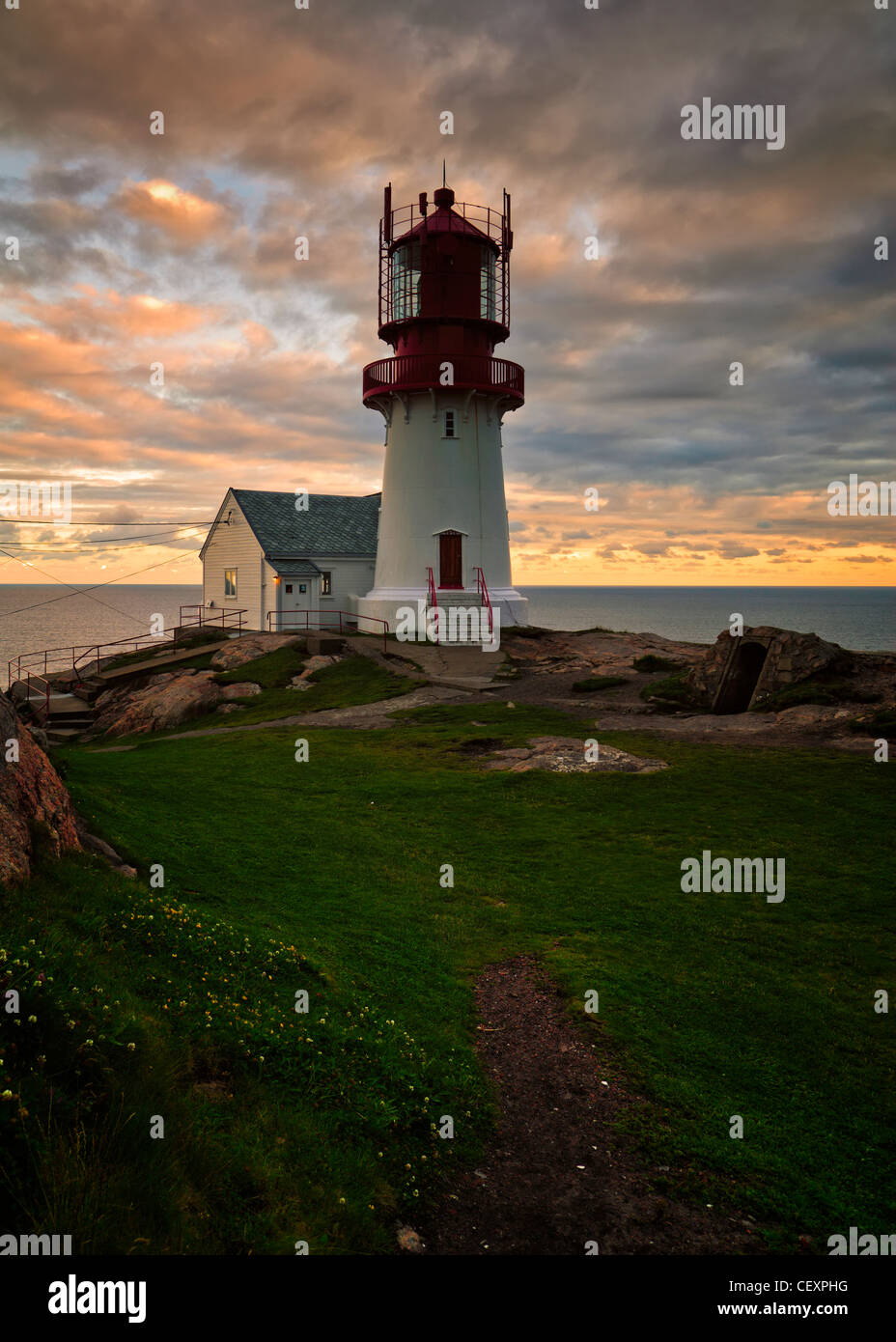 Sunset at Lindesnes lighthouse, Vest Agder, Norway. Stock Photo
