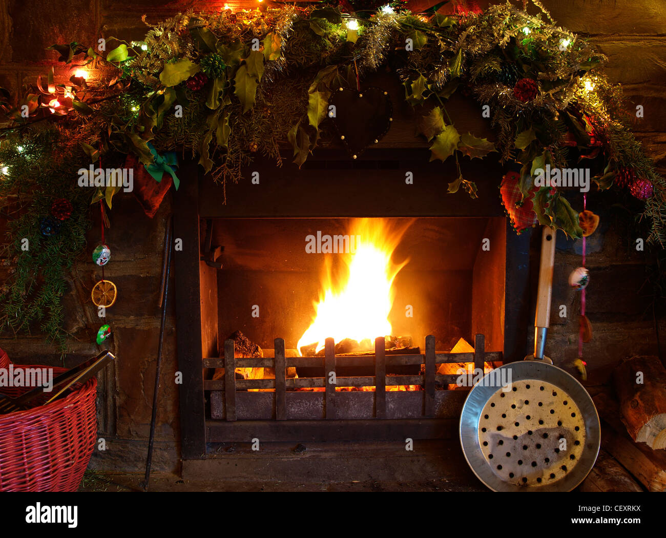 Open Fire With Christmas Decorations Uk Stock Photo 43615262 Alamy