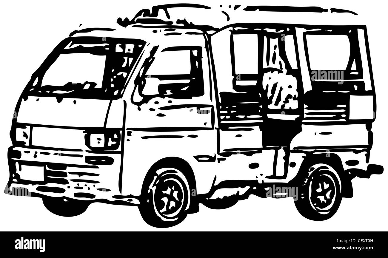 A small minibus - a simplified monochrome image Stock Photo