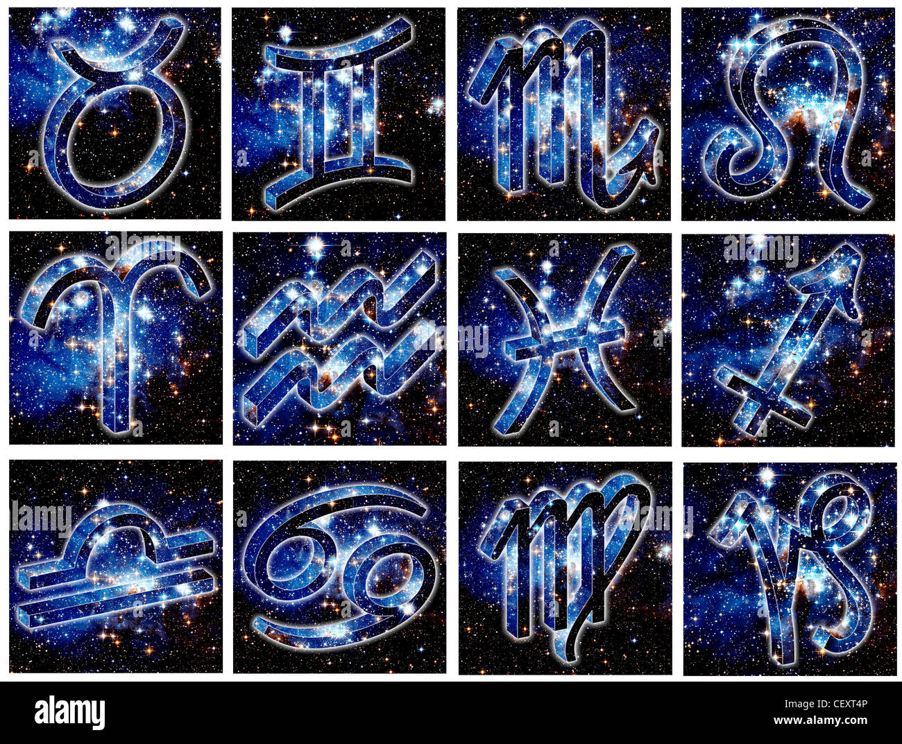 Illustrated star signs A set of night sky astrological star signs set against a background of space filled with stars Stock Photo