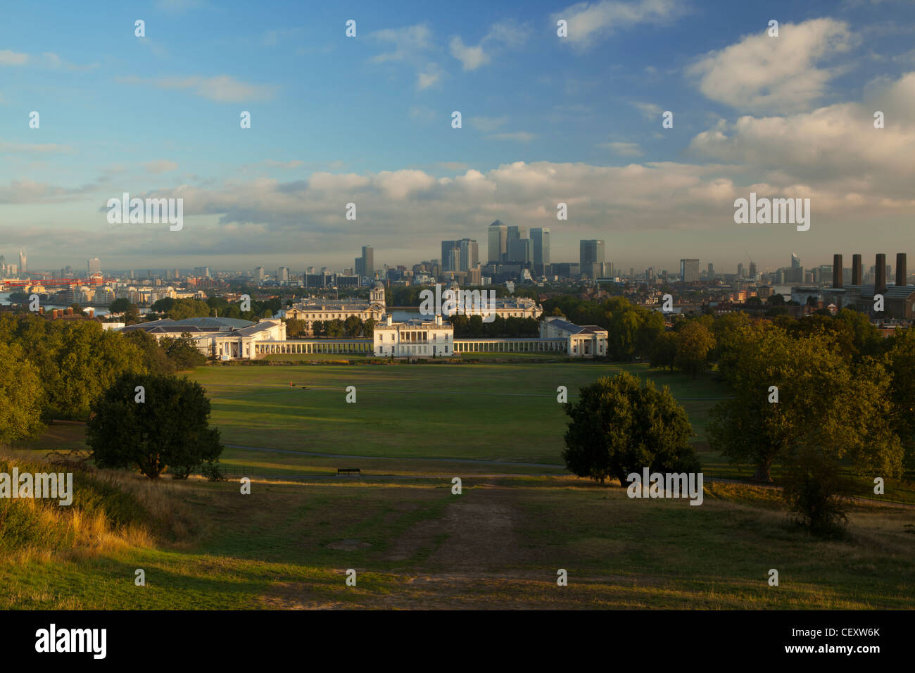 A view of Canary Wharf and the City of London from Greenwich Park and the Royal Obervatory Stock Photo