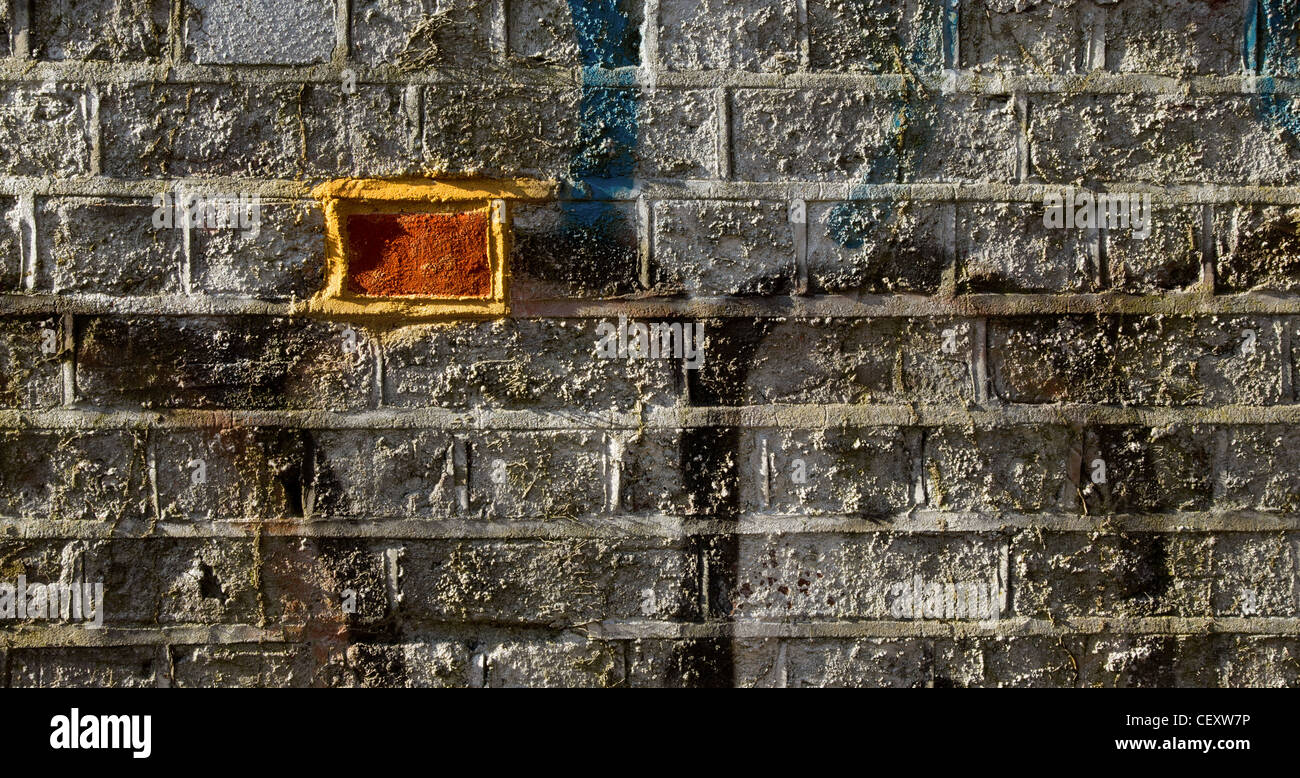 a brick wall with graffiti with one brick different from the others Stock Photo