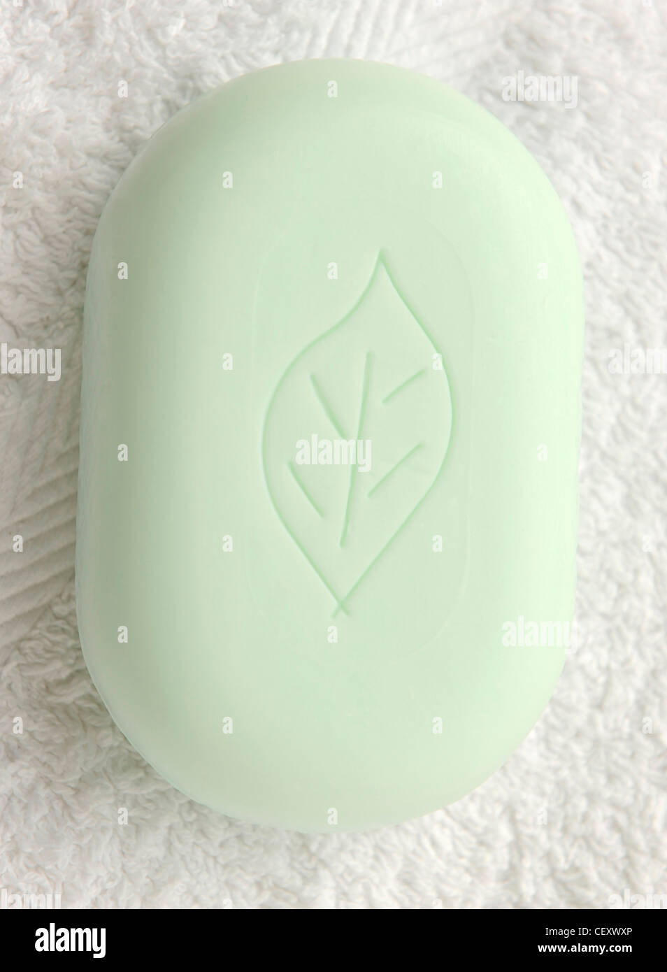 A pale green bar of soap with a leaf motif on it, with a white bar of