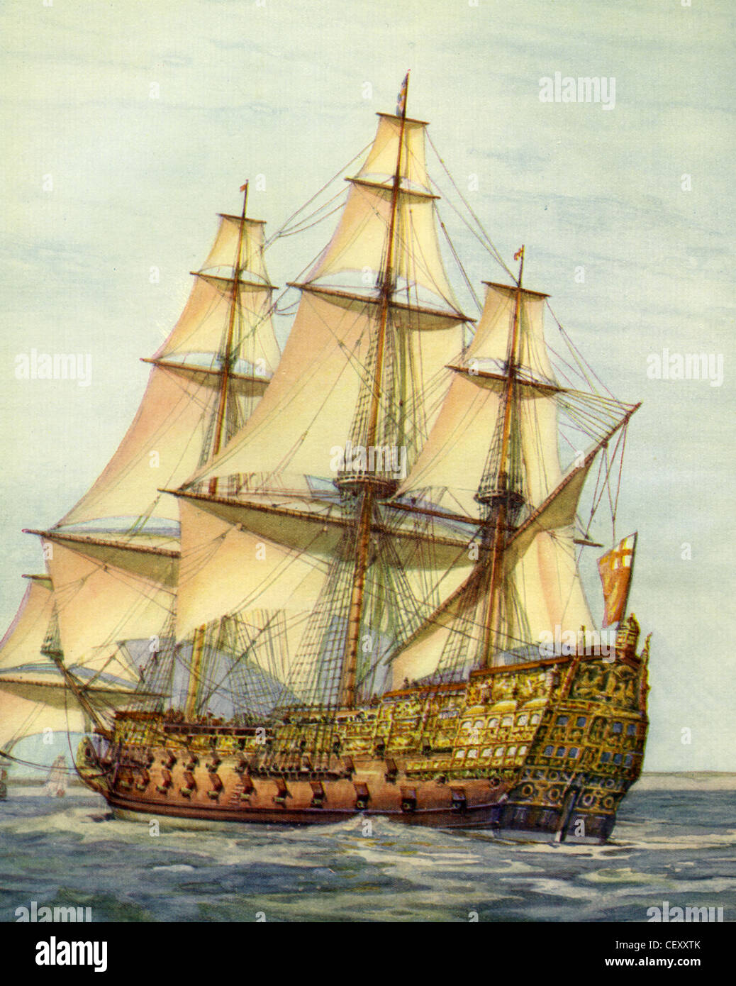 HMS ROYAL SOVEREIGN (1638-1697) painted by naval historian Gregory Robinson Stock Photo