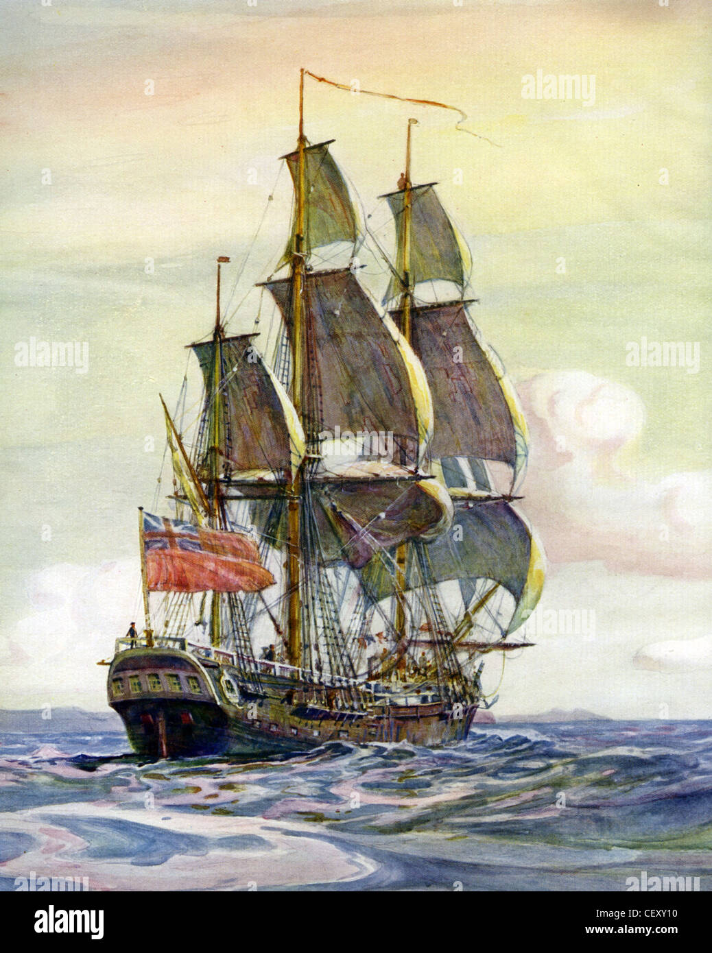 HMS ENDEAVOUR  British Navy research vessel commanded by James Cook 1769-1771. Painting  by naval historian Gregory Robinson Stock Photo