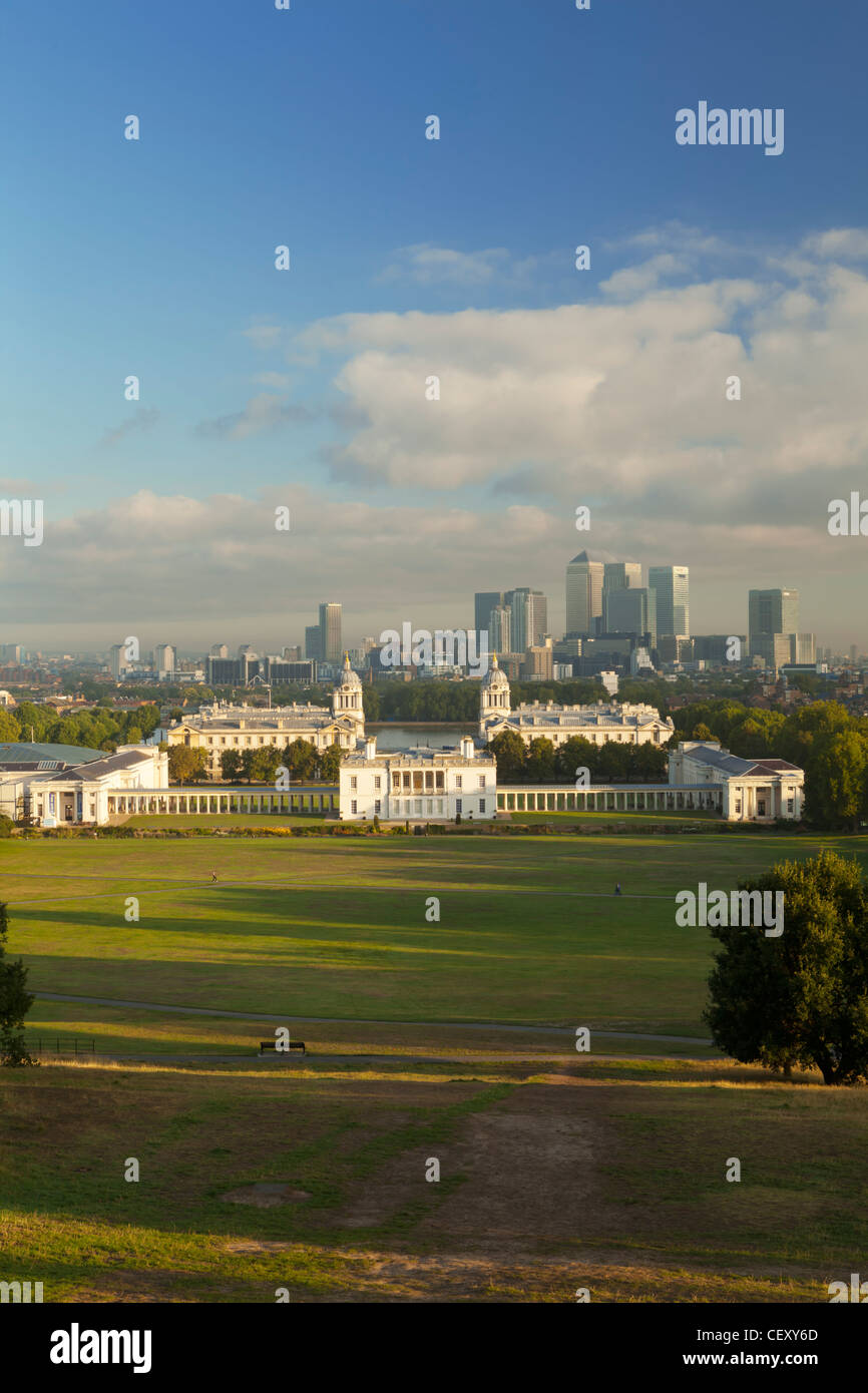 A view of Canary Wharf from Greenwich Park and the Royal Obervatory Stock Photo