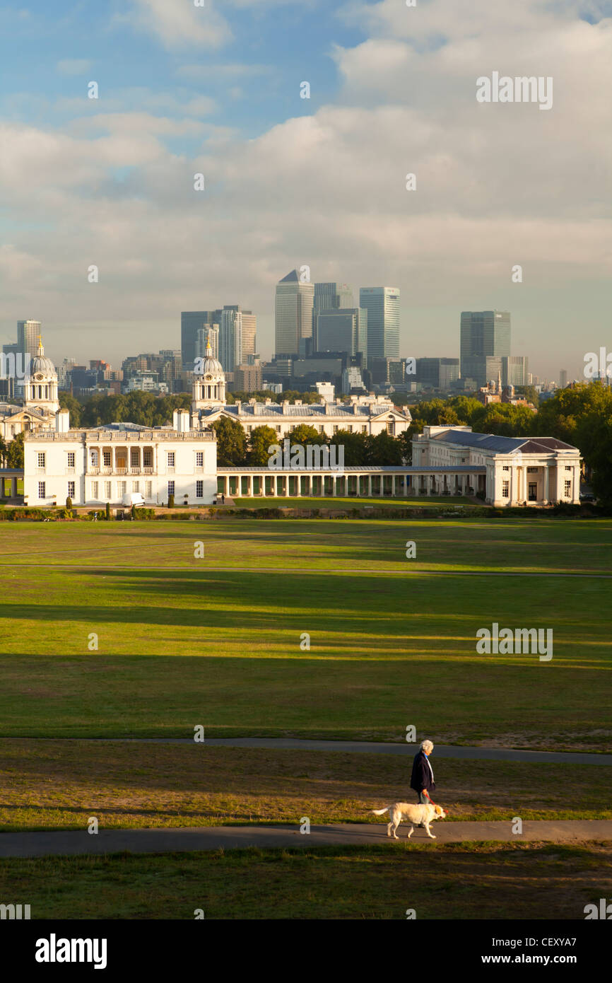 A view of Canary Wharf from Greenwich Park and the Royal Obervatory Stock Photo