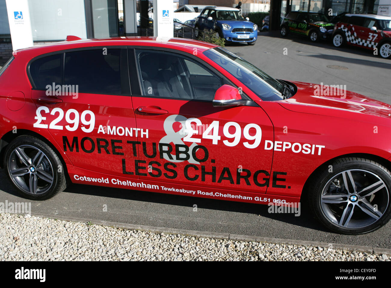 car at bmw dealership in cheltenham with a finance sticker on it Stock Photo