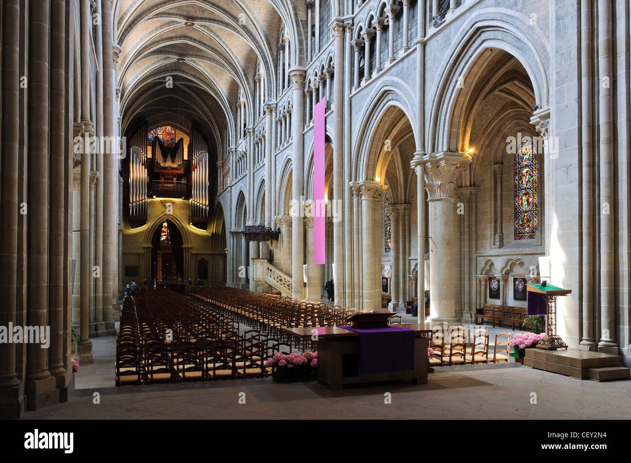 Lausanne cathedral nave viewed from the back of the church. Switzerland. Stock Photo