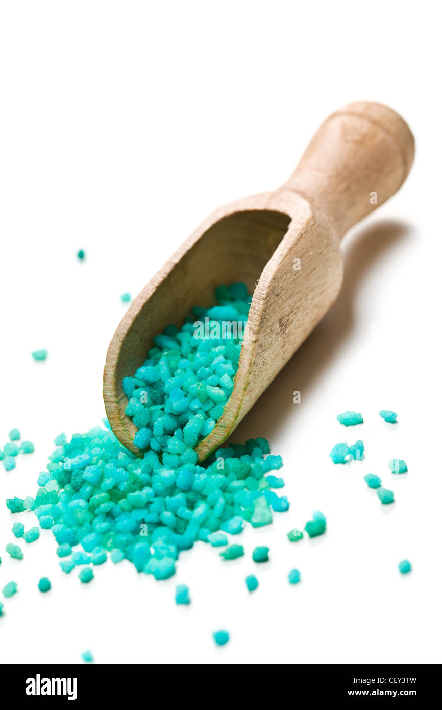 the green bath salt with wooden scoop Stock Photo