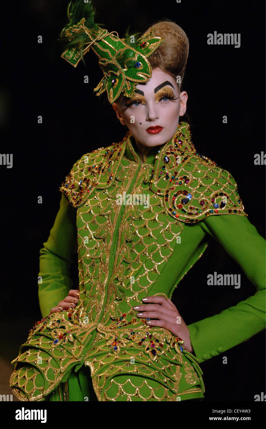 Dior Paris Haute Couture Autumn Winter Model Lily Donaldson wearing a green  embroidered and sequinned corsetted dress long Stock Photo - Alamy