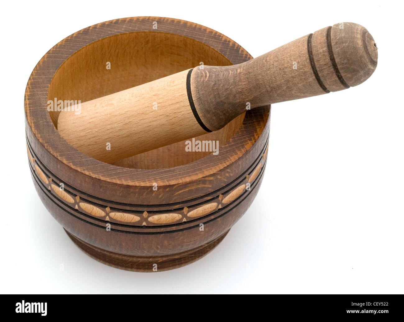 Oldfashion wooden bowl, garliccrusher from Bulgaria Stock Photo Alamy