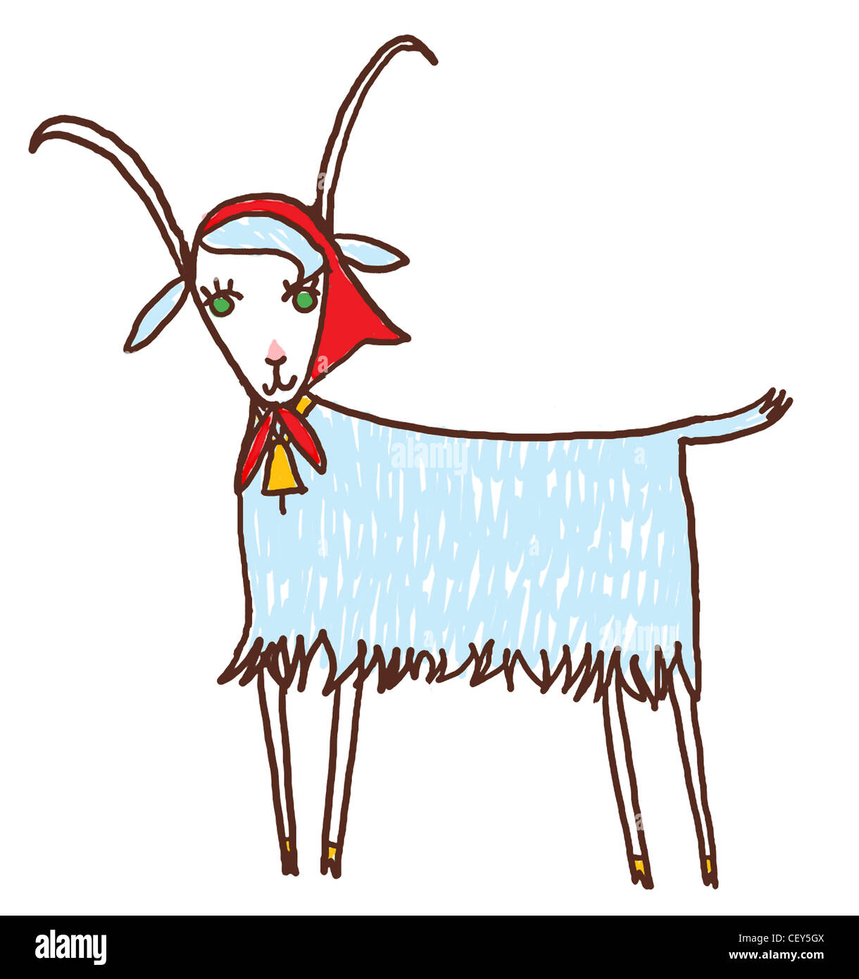 An illustration of a goat wearing a red headscarf with a bell around its neck Stock Photo