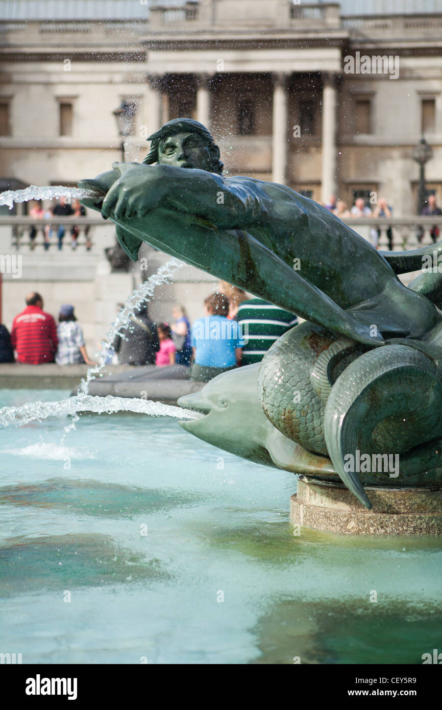 A close up view of the statue figures in the waterfall at Trafalgar