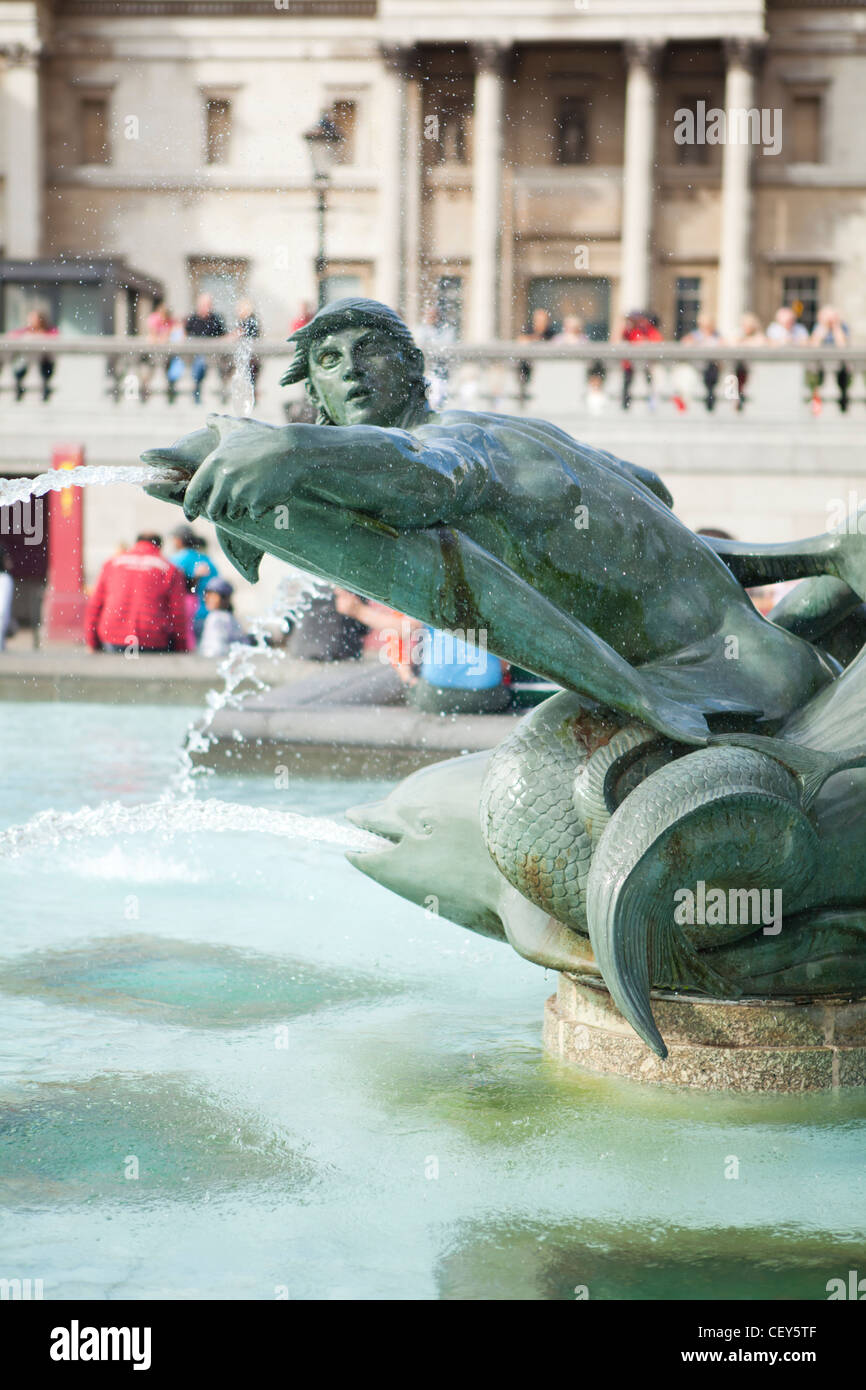 A close up view of the statue figures in the waterfall at Trafalgar