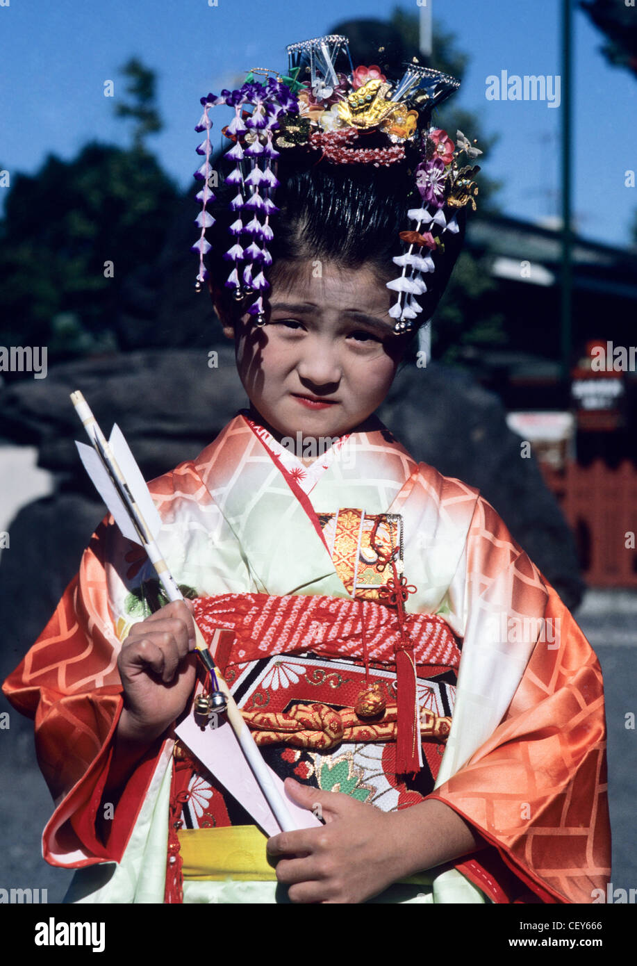 Japan Local girl in traditional costume wearing kimono. Stock Photo