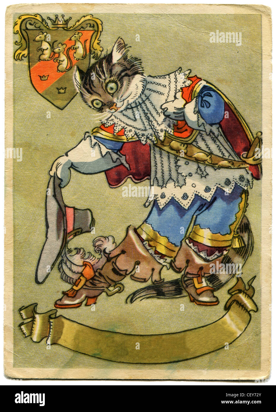 Soviet greeting card Puss in Boots, 1958. Deleted russian congratulatory text. Stock Photo
