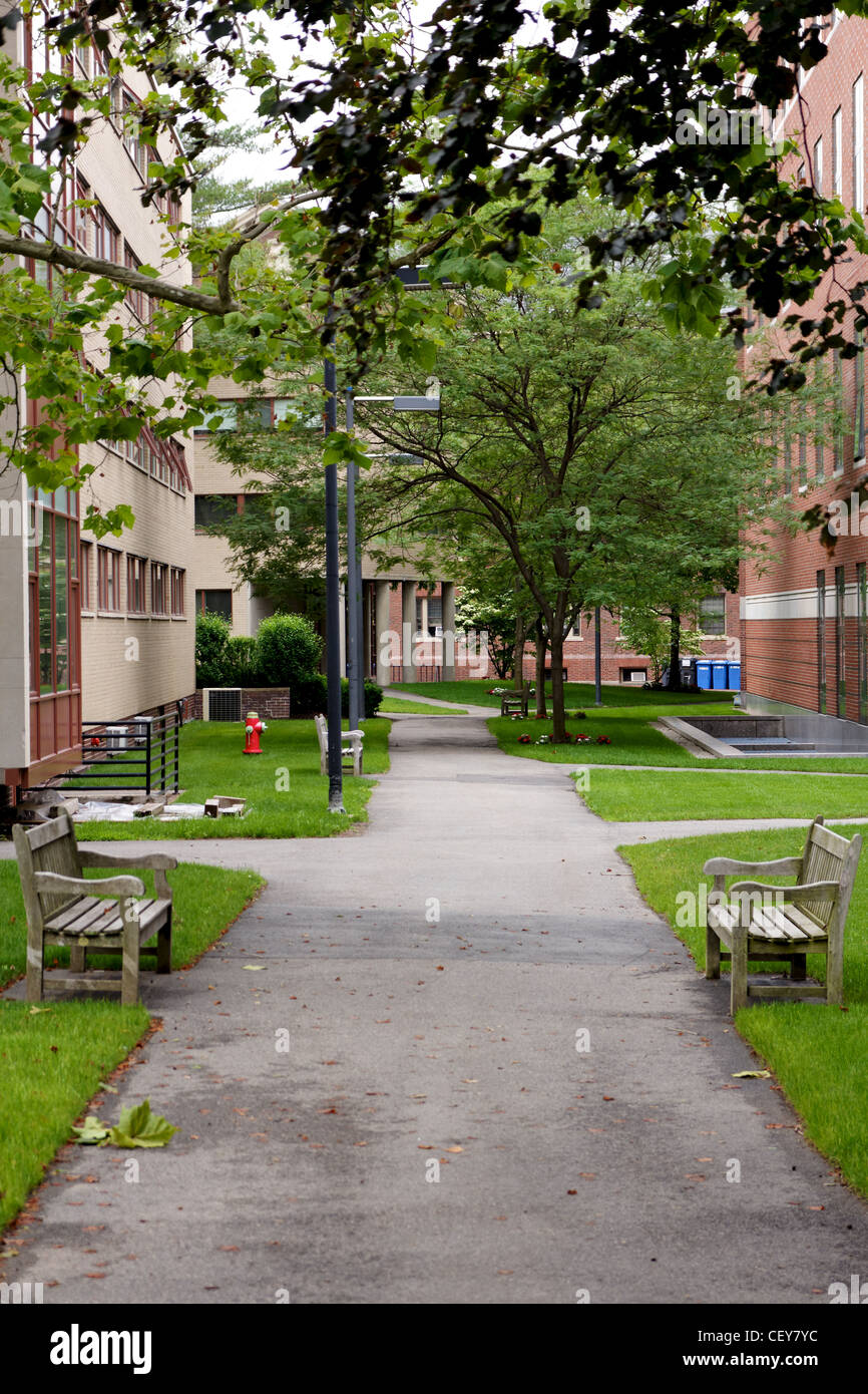 A path between the Gropius Complex and Hauser Hall on the campus of Harvard Law School in Cambridge, MA. Stock Photo