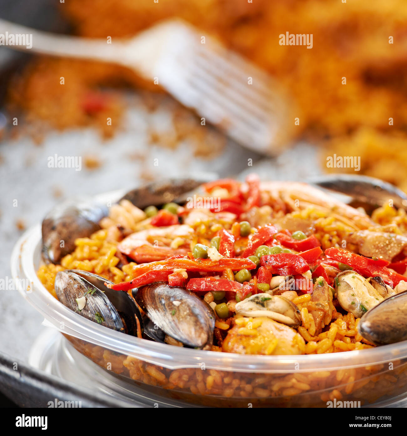 Spanish paella with black mussels on market of Provence, France Stock Photo