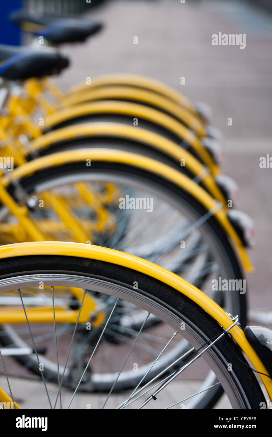 A row of yellow bikes for hire in Turin, Italy, as part of the ToBike bike sharing scheme. Stock Photo