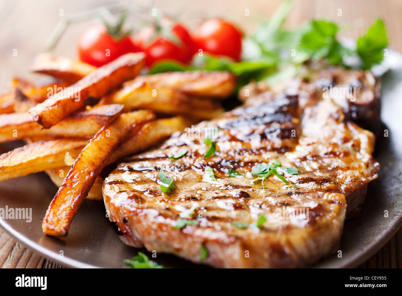 steak and chips with salad Stock Photo