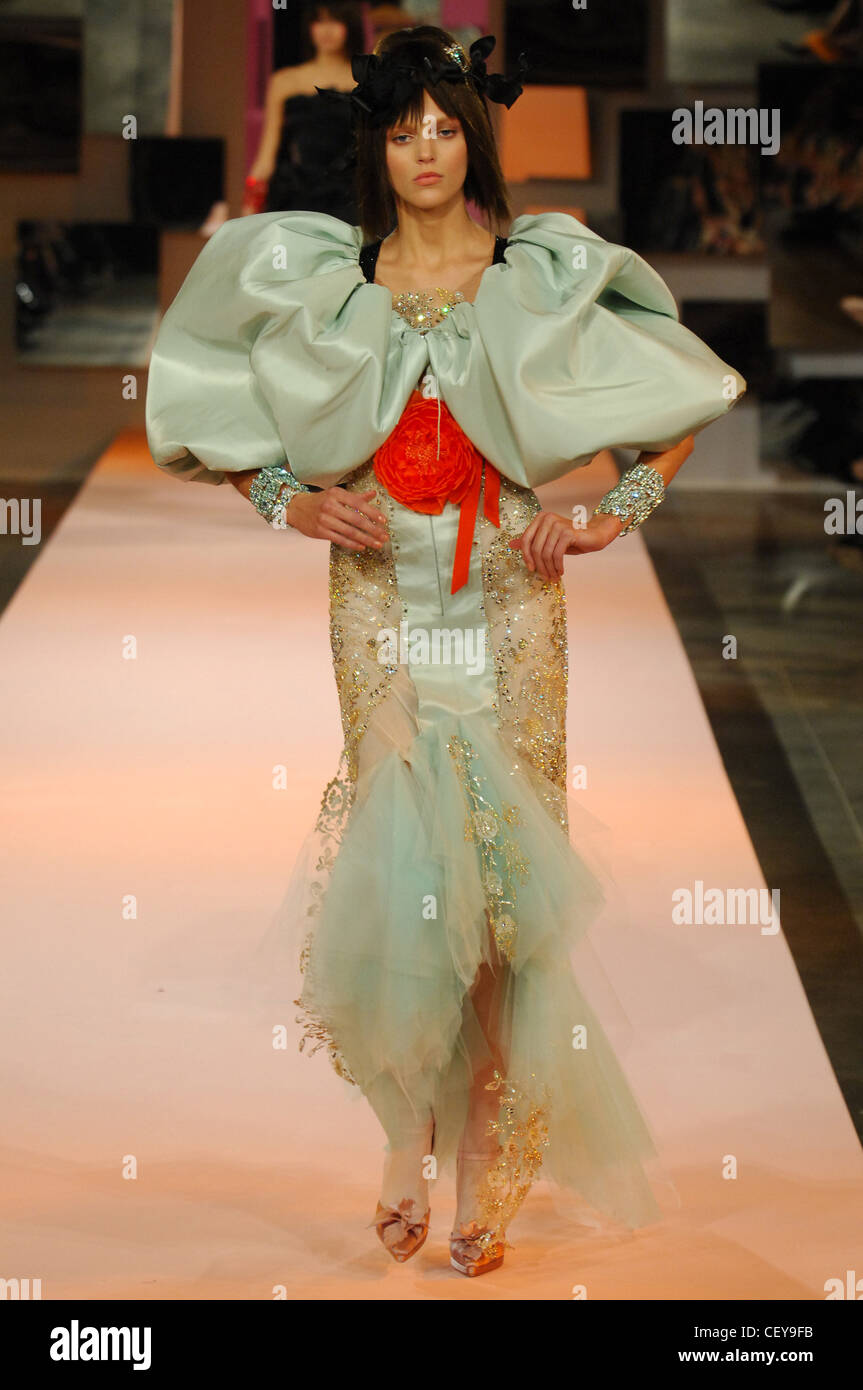 Christian Lacroix Paris Haute Couture Spring Summer Light green big  puffball sleeve jewelled dress red floral corsage and Stock Photo - Alamy