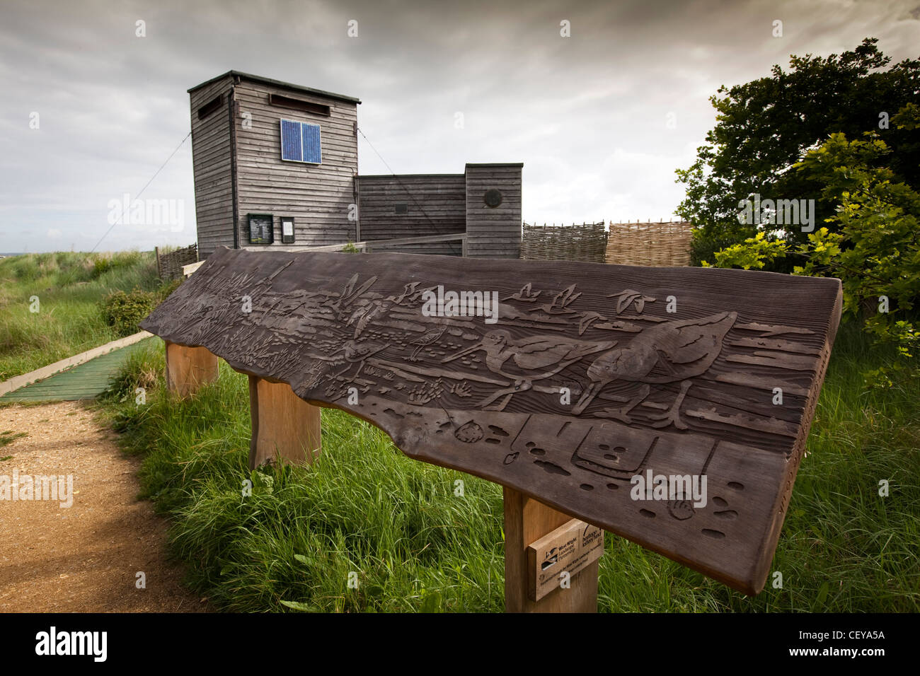UK, England, Isle of Wight, Newtown, carved coastal birds wooden panel at harbour bird watching hide Stock Photo