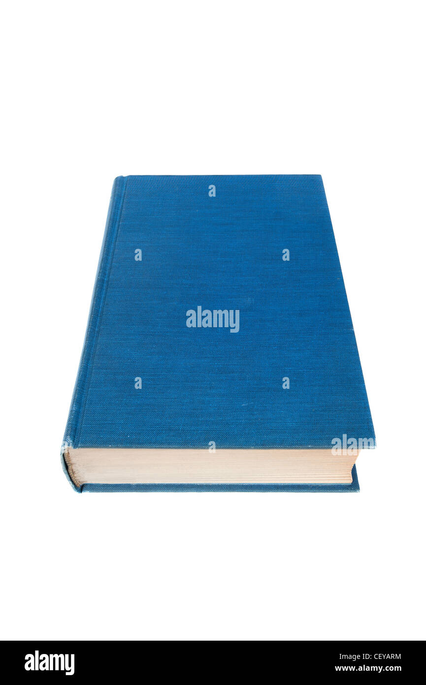 An old, aged blue hardcover book isolated on white. Designers can place copy on the blank cover. Stock Photo